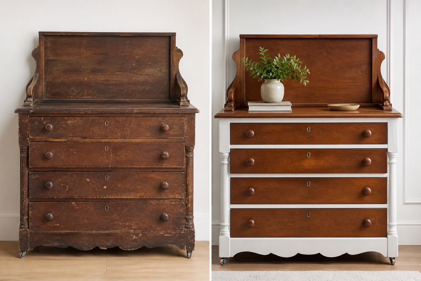 Before and after transformation of a restored wooden dresser