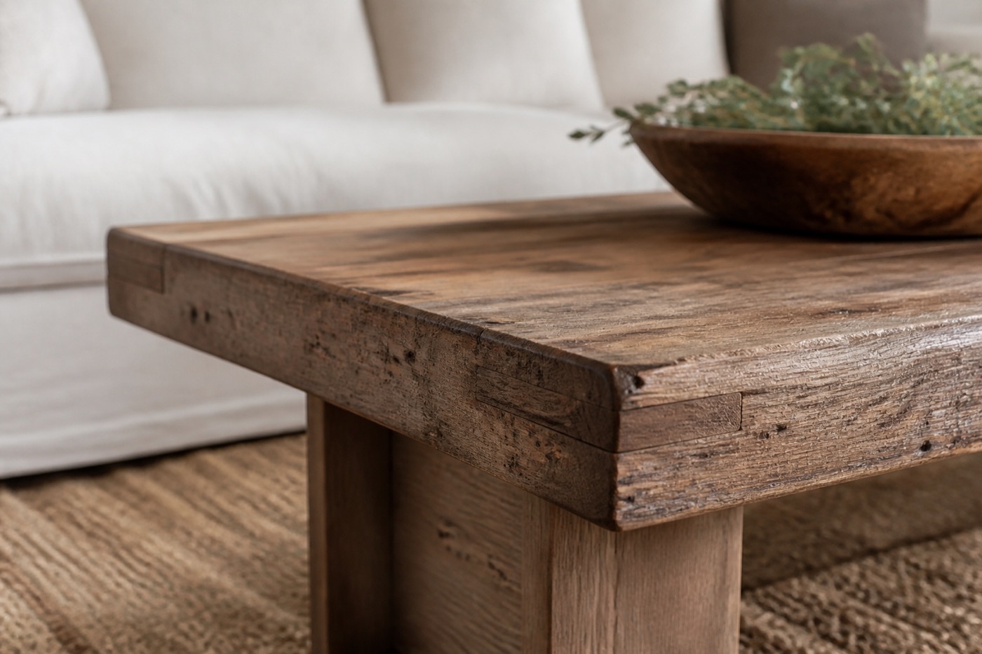 Close detail of handcrafted reclaimed wood furniture grain and joinery