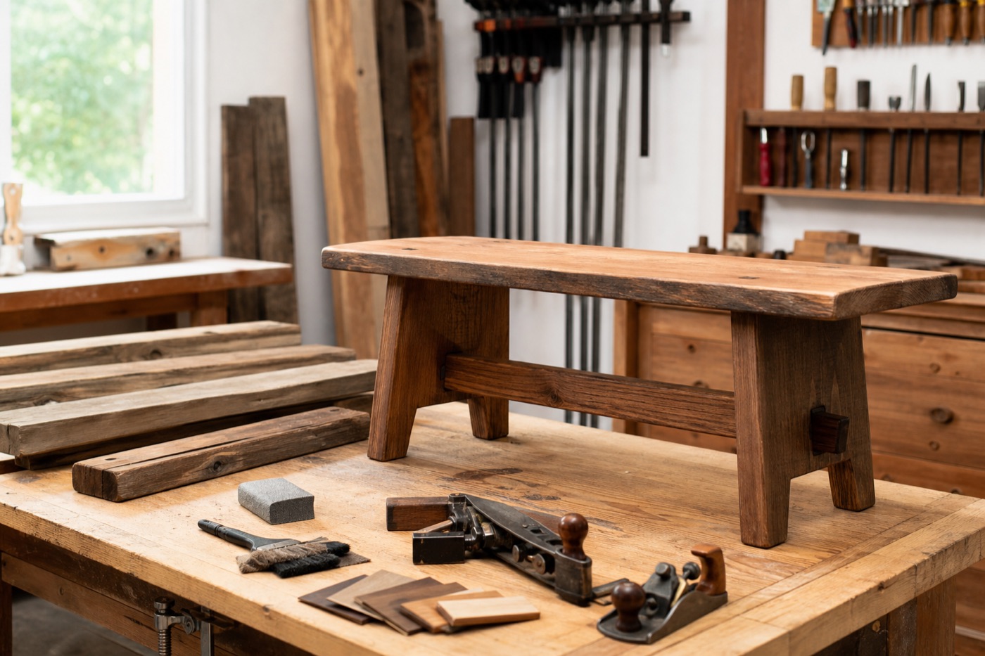 Organized furniture restoration workshop with reclaimed wood, tools, and a bench in progress