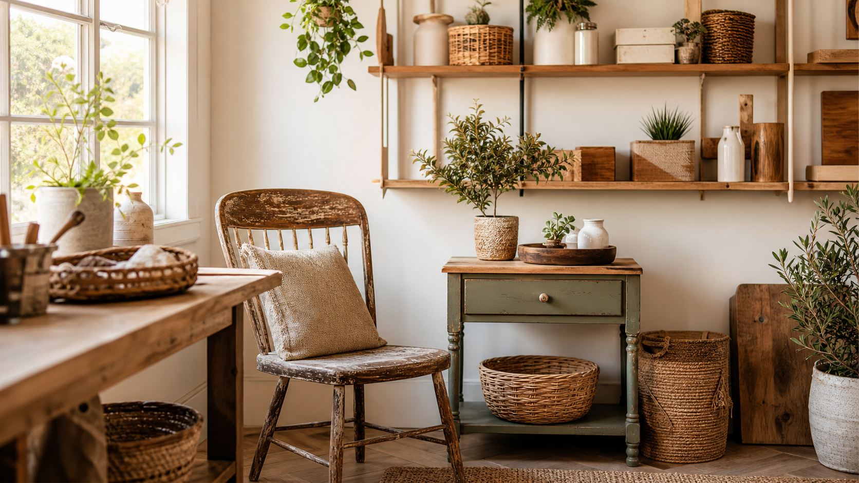 A warm upcycle workshop with restored furniture, baskets, shelves, and home decor
